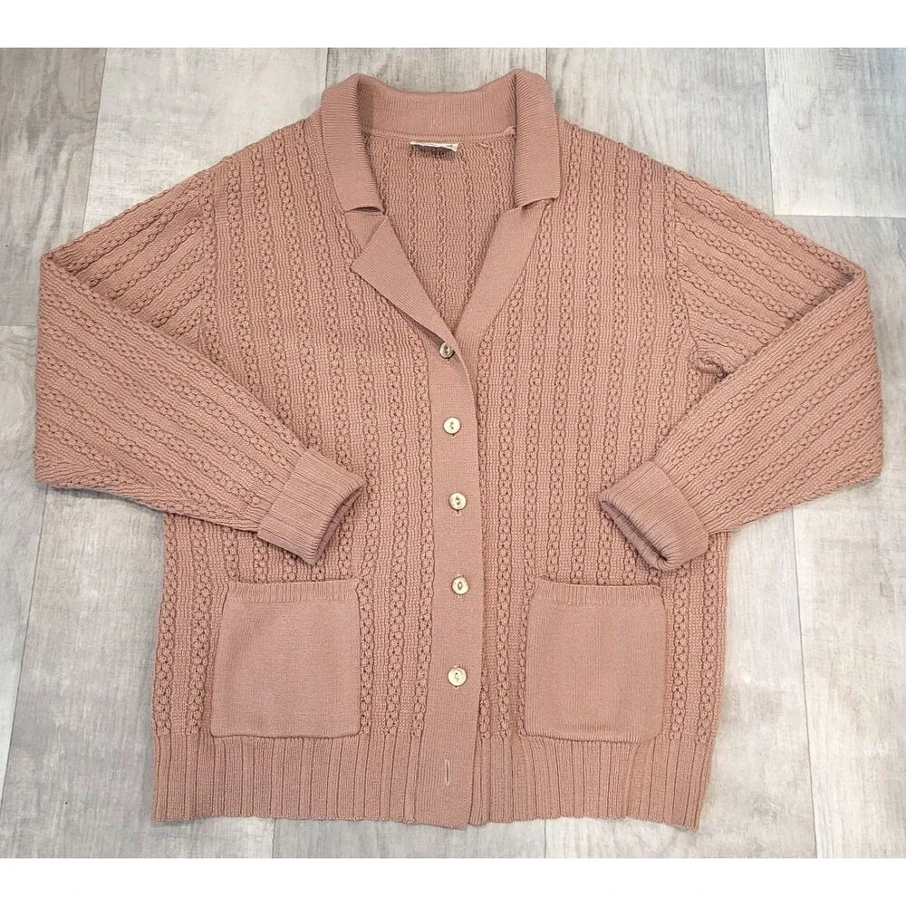 Vintage 90s Cable Knit Cardigan Womens 42 (XL) Brown Patch Pockets Made Romania